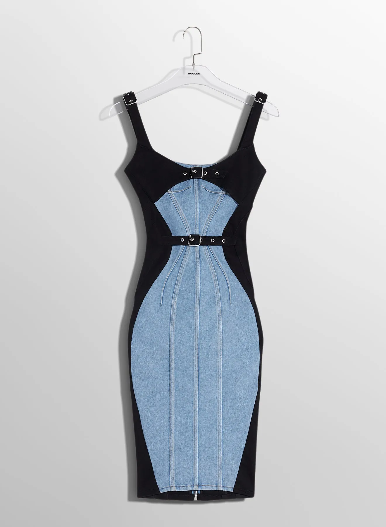 bi-color buckled denim dress