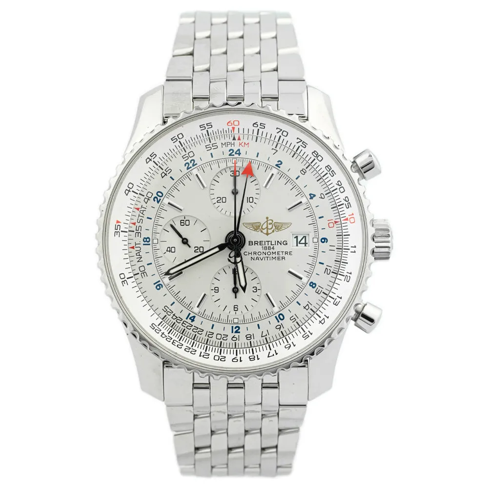 Breitling Men's Navitimer World Chronograph Stainless Steel 46mm Silver Stick Dial Watch Reference #: A2432212/G571