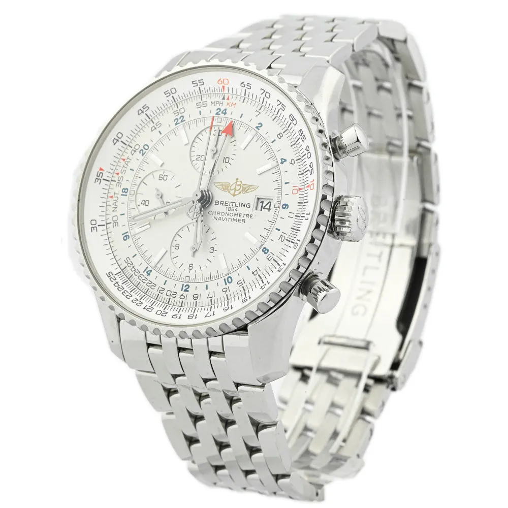 Breitling Men's Navitimer World Chronograph Stainless Steel 46mm Silver Stick Dial Watch Reference #: A2432212/G571