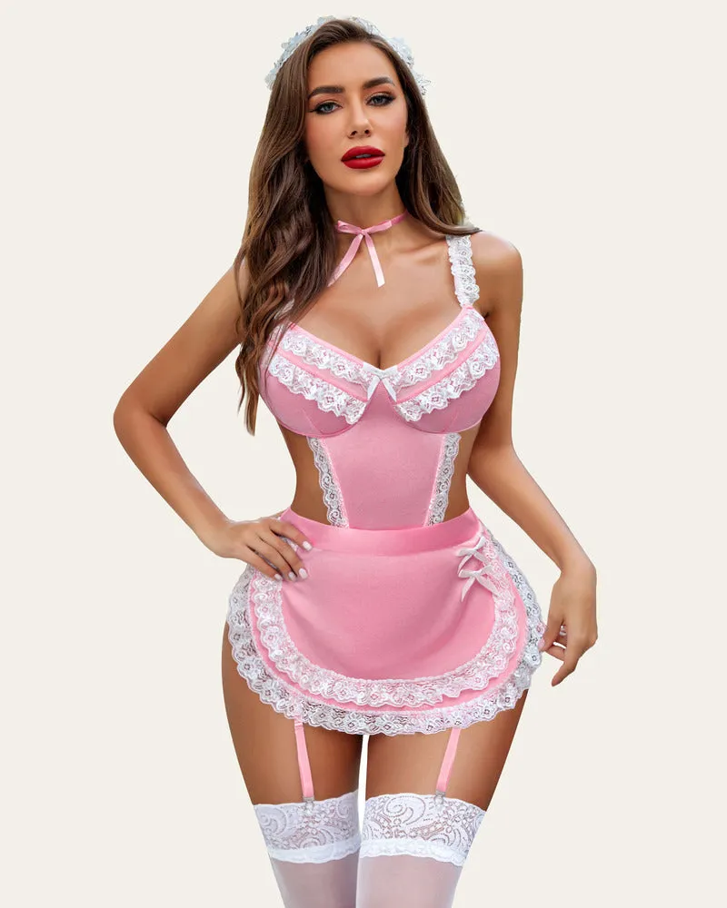 Cosplay Maid Outfit Plaid Lace Teddy