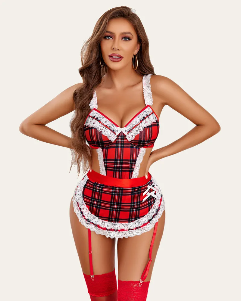 Cosplay Maid Outfit Plaid Lace Teddy