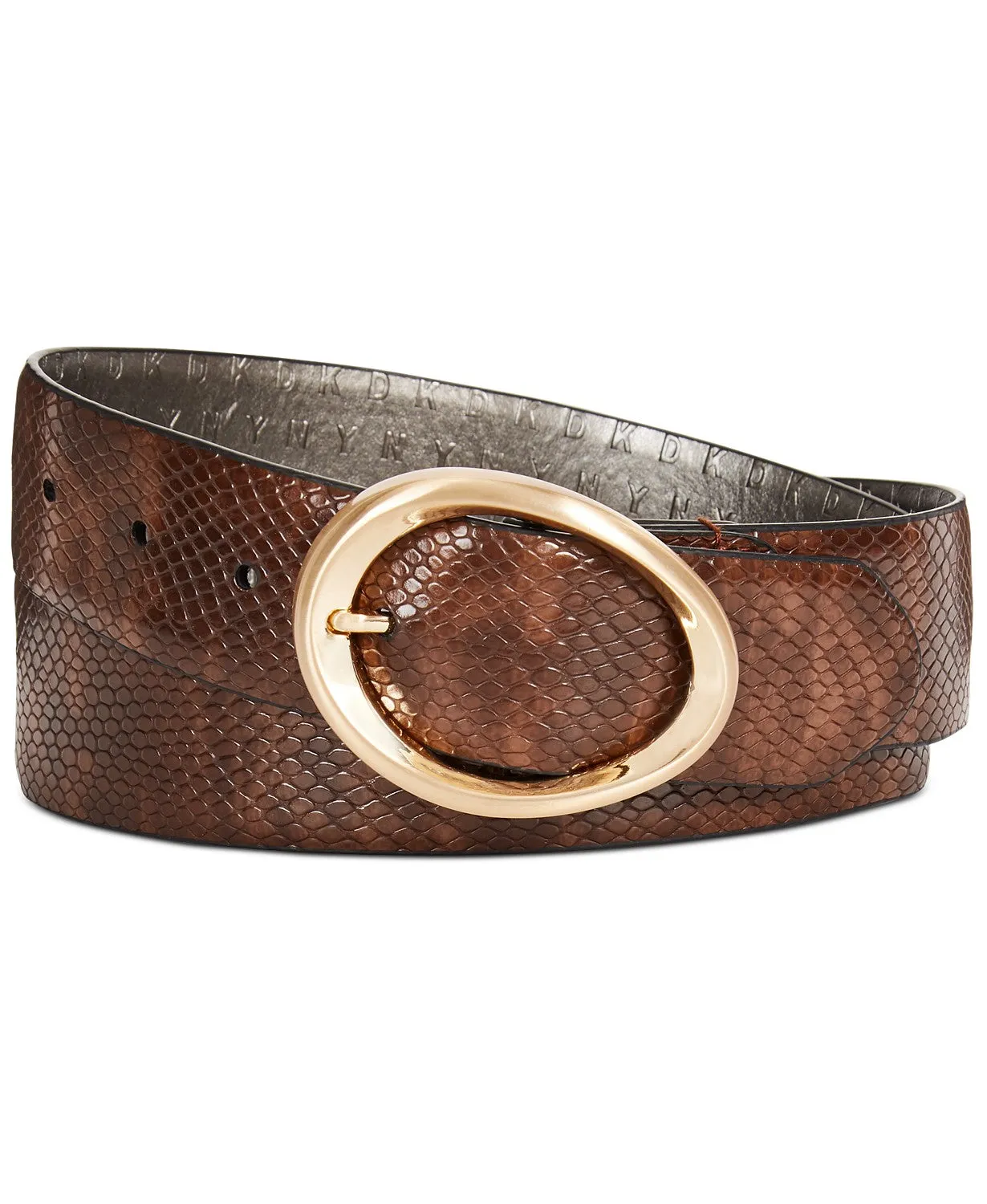 DKNY Women's Snake-Embossed Belt with Oval Buckle Belt, Brown, S