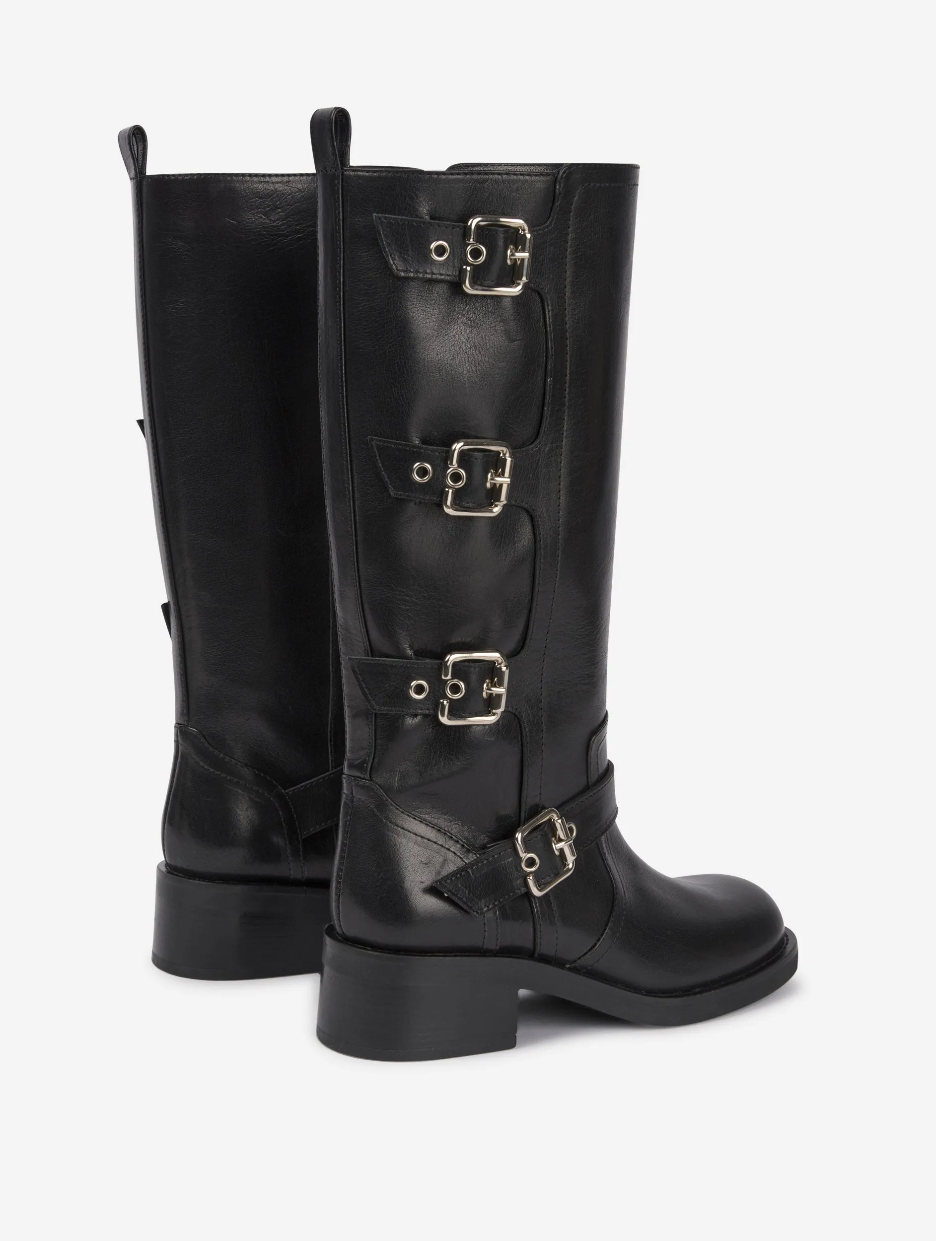 Multi-buckle biker boots in black leather