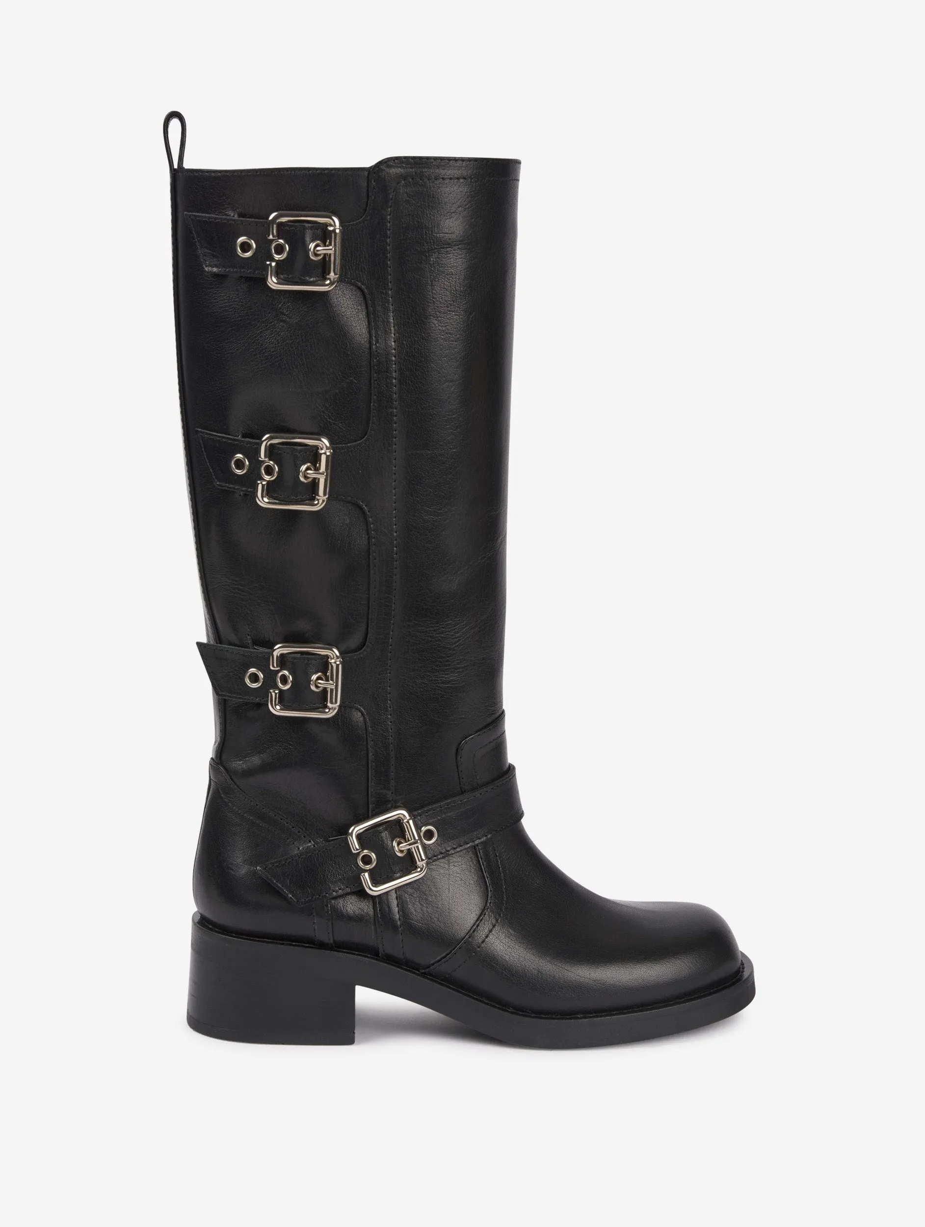 Multi-buckle biker boots in black leather