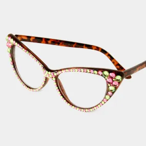 Pink AND Green Crystal Cat Eye Clear Lens Sunglasses-M H W ACCESSORIES