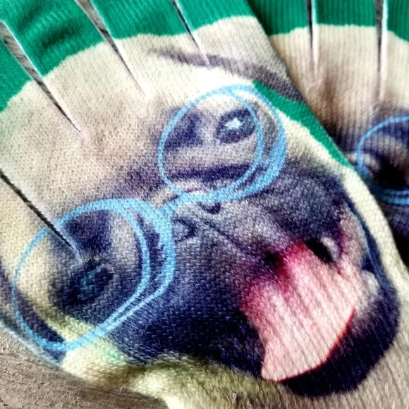 Pug in Glasses Gloves - Green