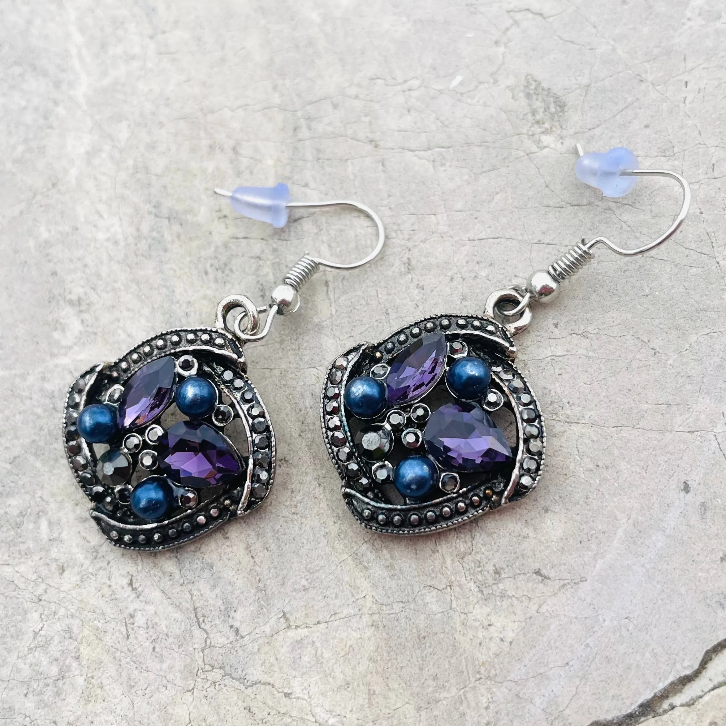 *Silver Tone Blue Purple Stones Circular Ornate Pierced Fashion Earrings