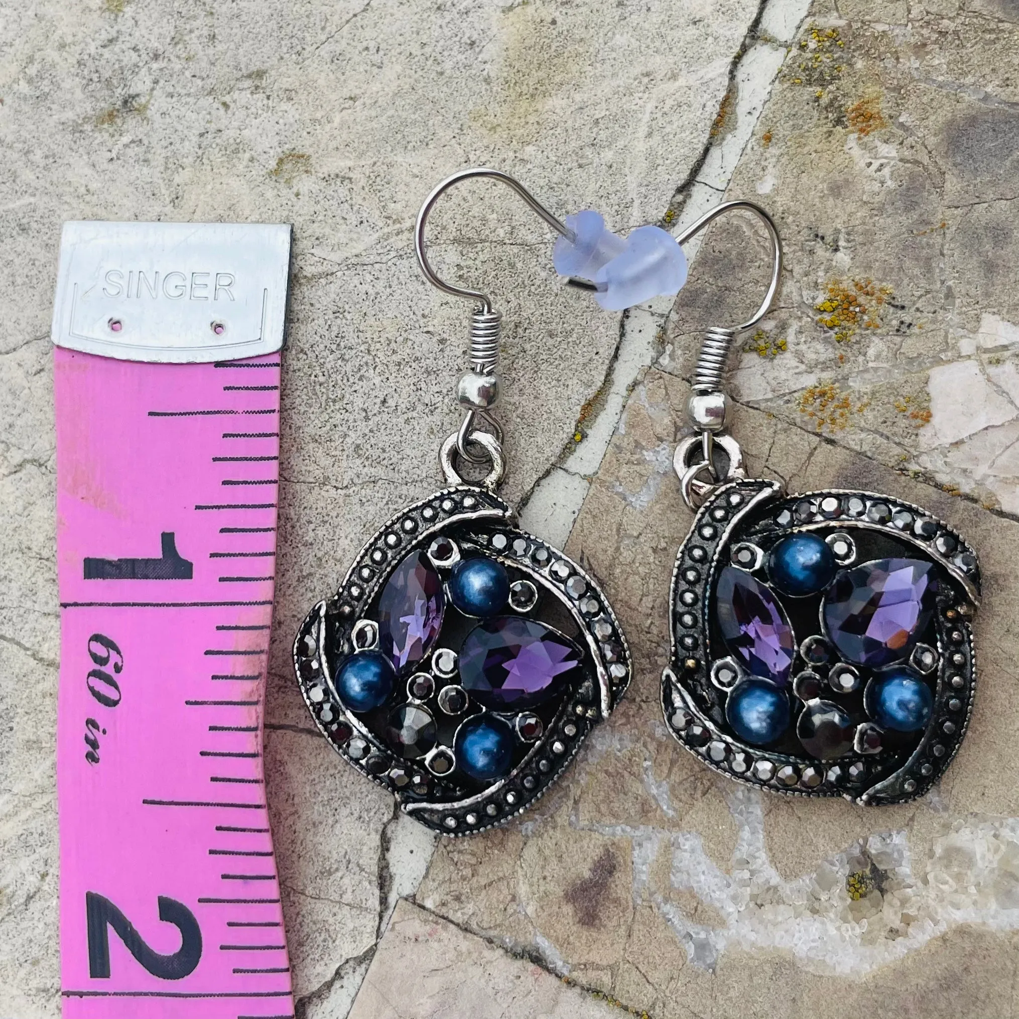 *Silver Tone Blue Purple Stones Circular Ornate Pierced Fashion Earrings