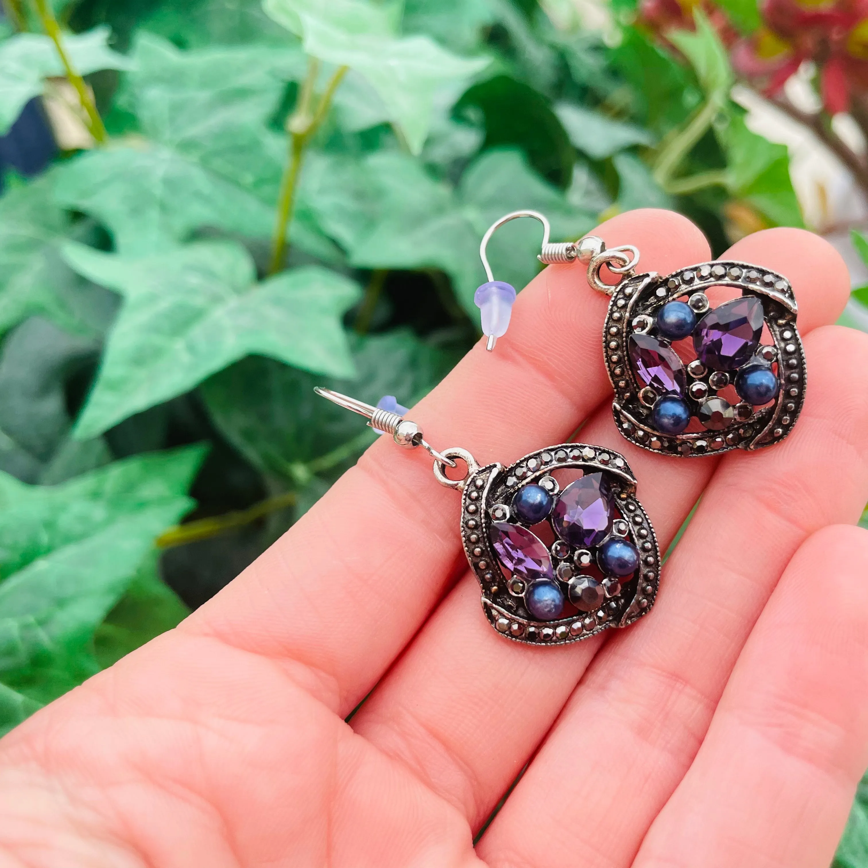 *Silver Tone Blue Purple Stones Circular Ornate Pierced Fashion Earrings