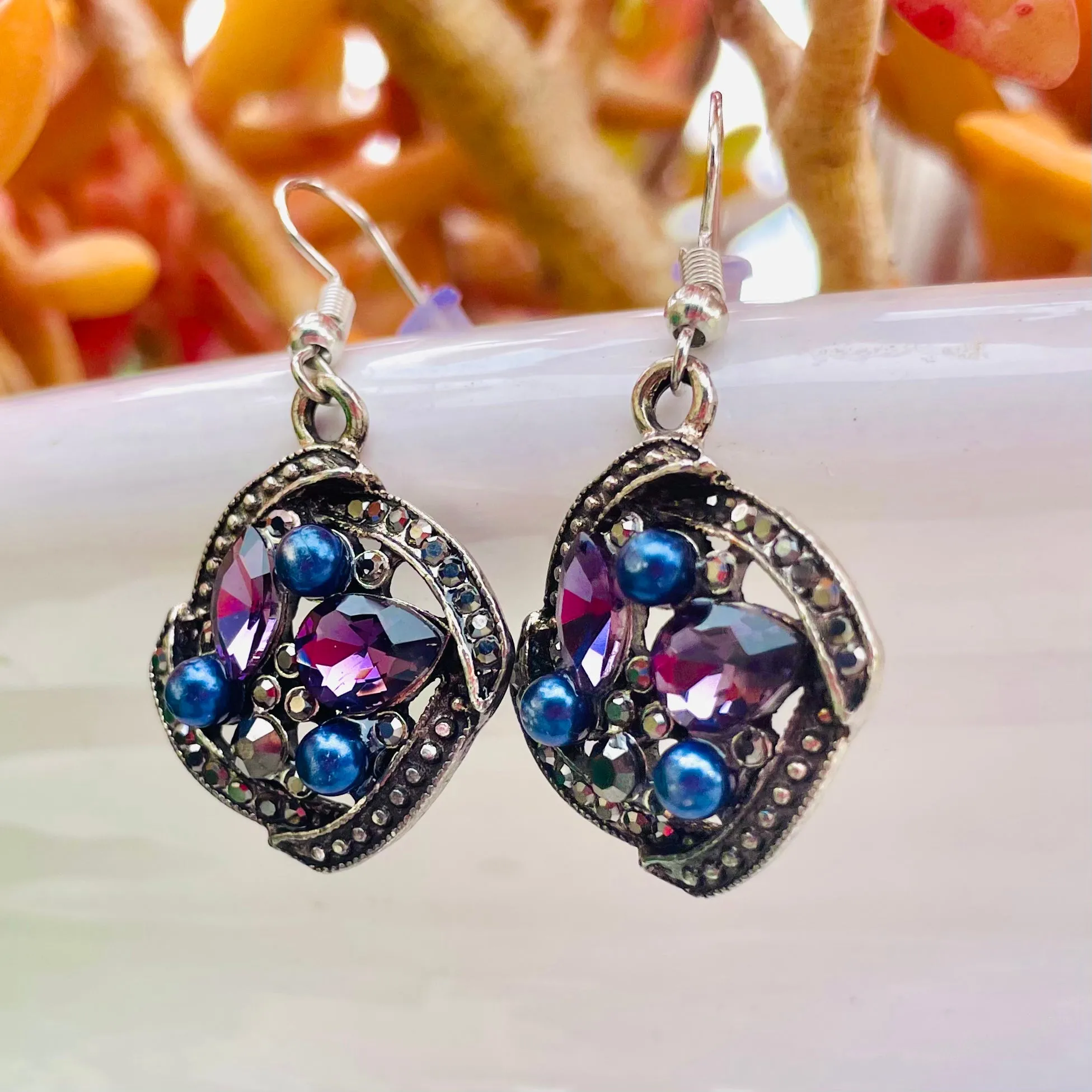 *Silver Tone Blue Purple Stones Circular Ornate Pierced Fashion Earrings