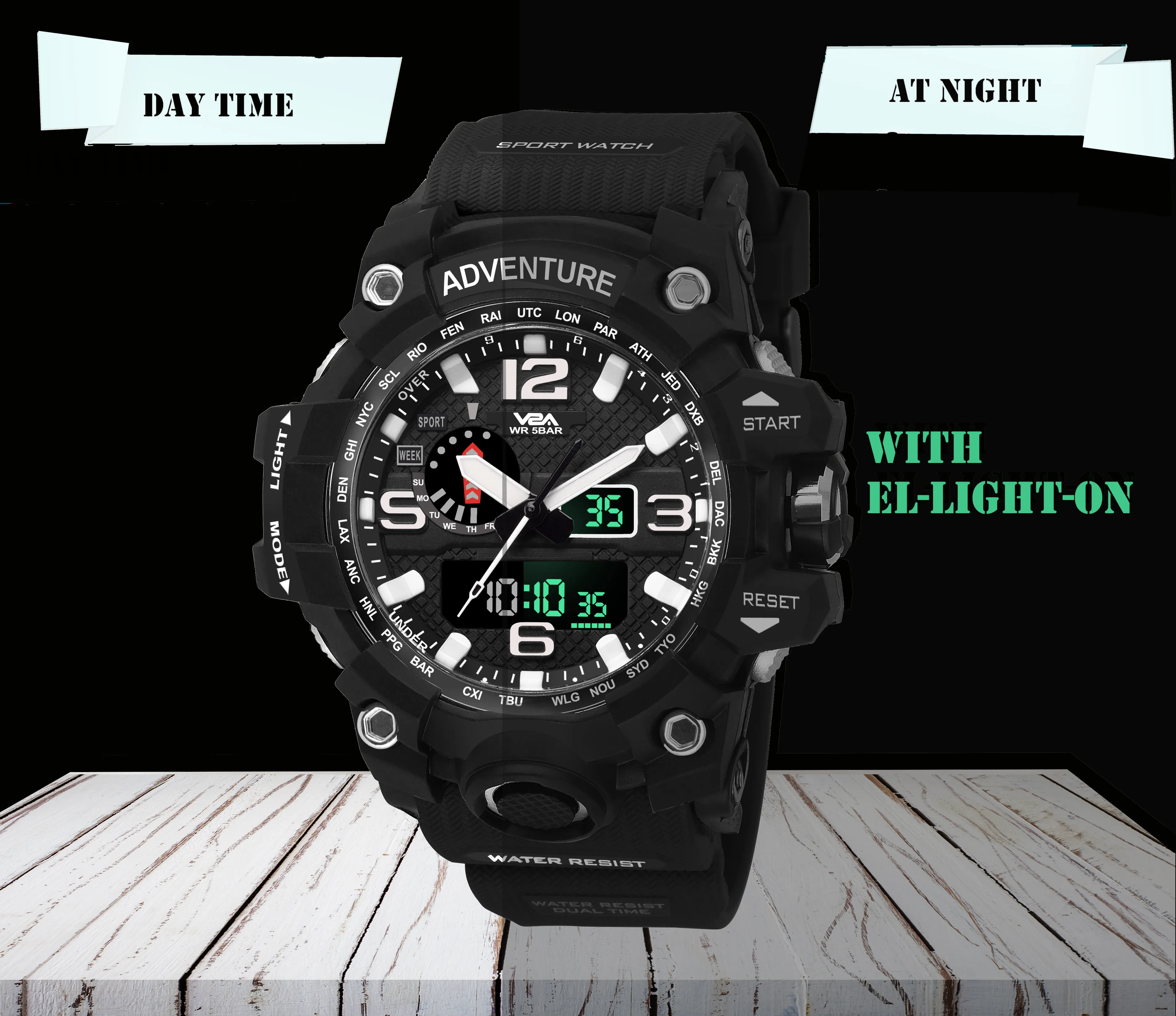 V2A Army Black Chronograph Shockproof Waterproof Analog-Digital Date Display Sports Watch for Men