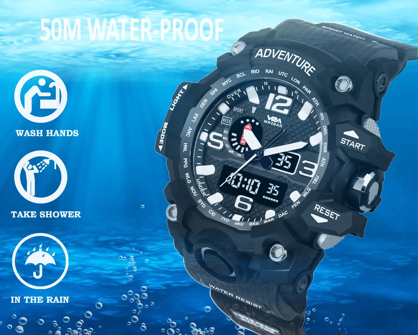 V2A Army Black Chronograph Shockproof Waterproof Analog-Digital Date Display Sports Watch for Men