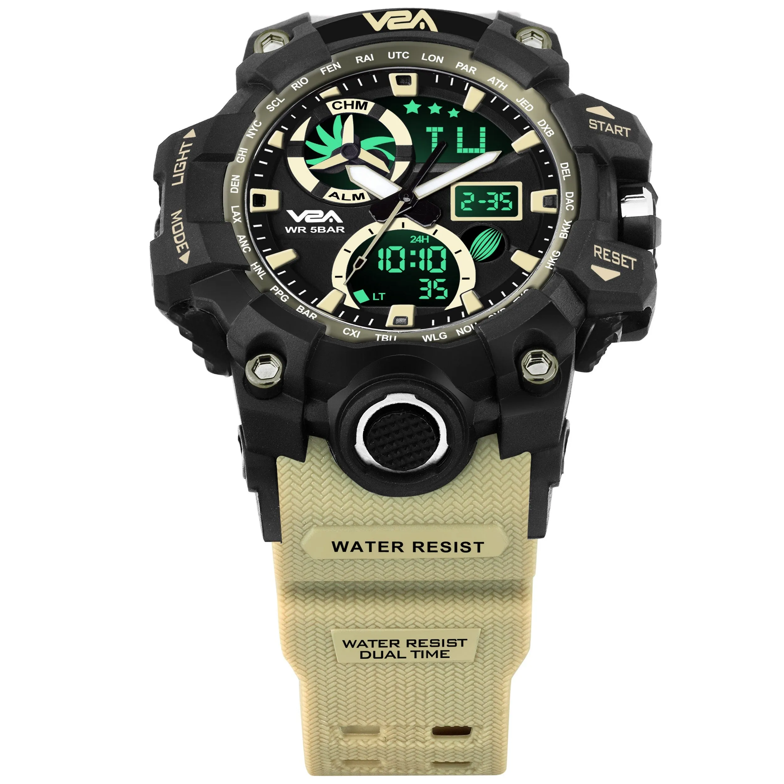 V2A Army Black Chronograph Shockproof Waterproof Analog-Digital Date Display Sports Watch for Men