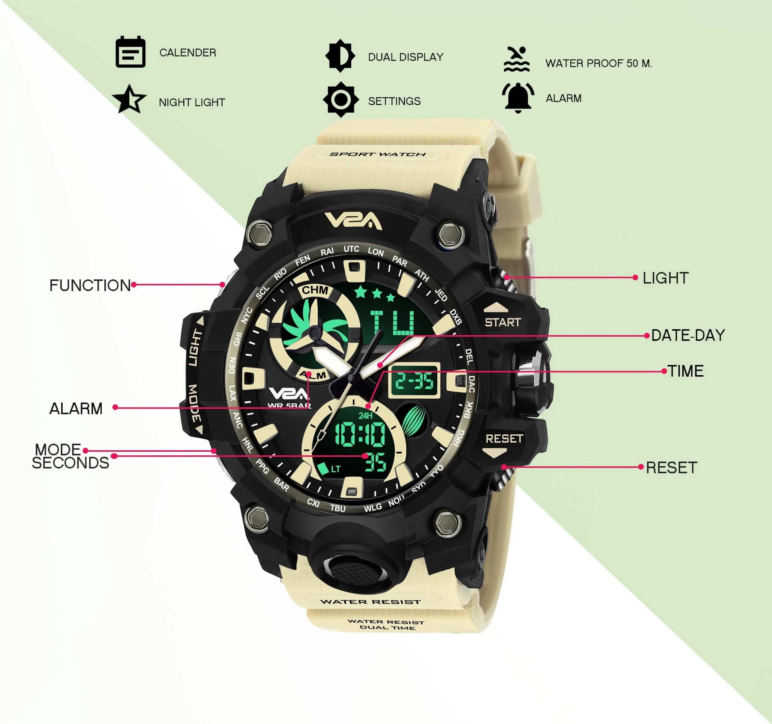 V2A Army Black Chronograph Shockproof Waterproof Analog-Digital Date Display Sports Watch for Men