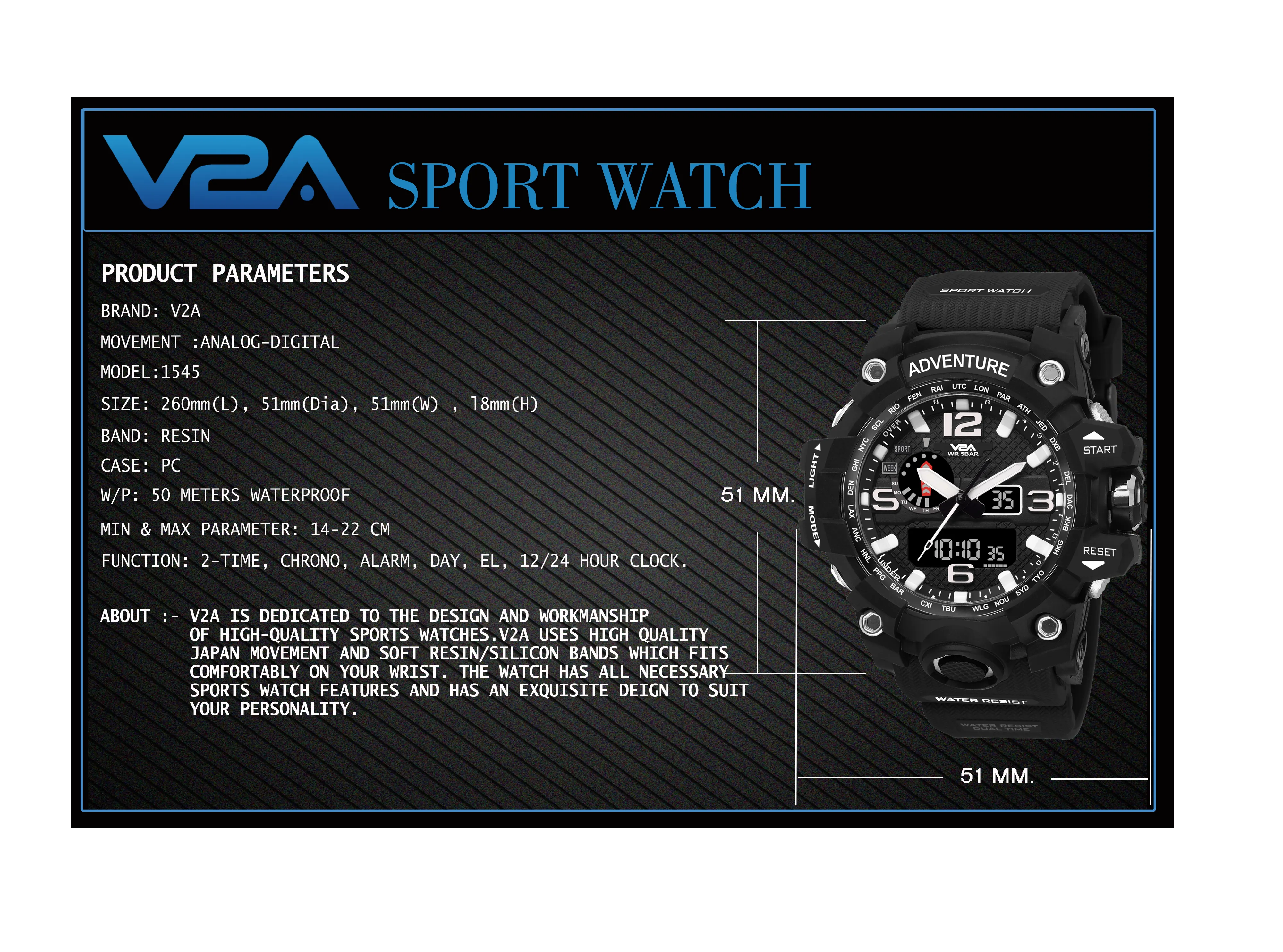 V2A Army Black Chronograph Shockproof Waterproof Analog-Digital Date Display Sports Watch for Men