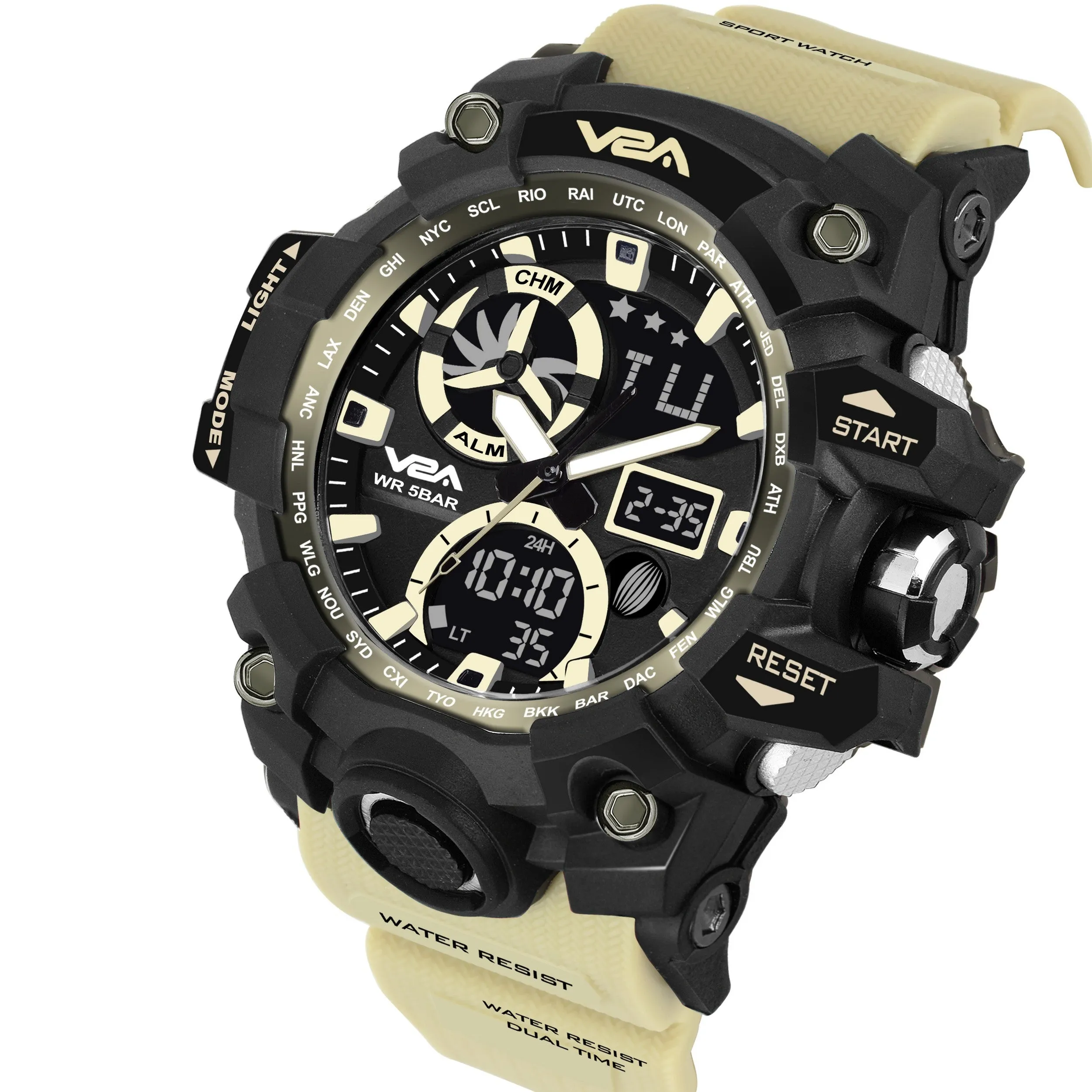 V2A Army Black Chronograph Shockproof Waterproof Analog-Digital Date Display Sports Watch for Men