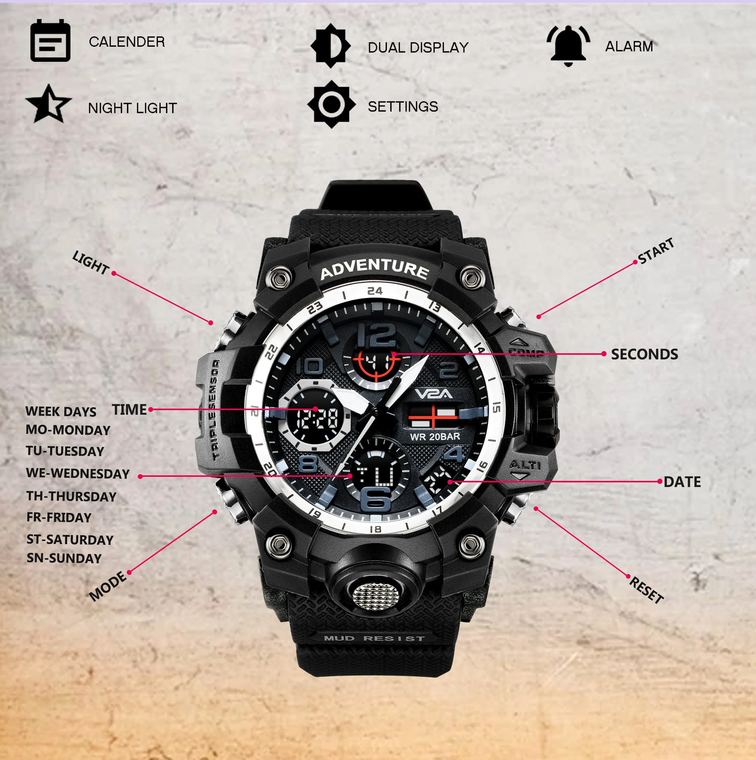 V2A Military Chronograph Analogue And Digital Sports Watch For Men and Boys